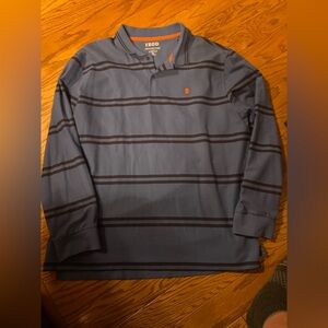 Izod Men’s Long-Sleeve Polo in Blue with Navy Stripes and Orange Logo